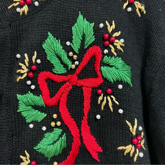 Christmas Sweater Embroidered Cardigan Size Medium Cotton Blend Black Red Green - Picture 3 of 11
